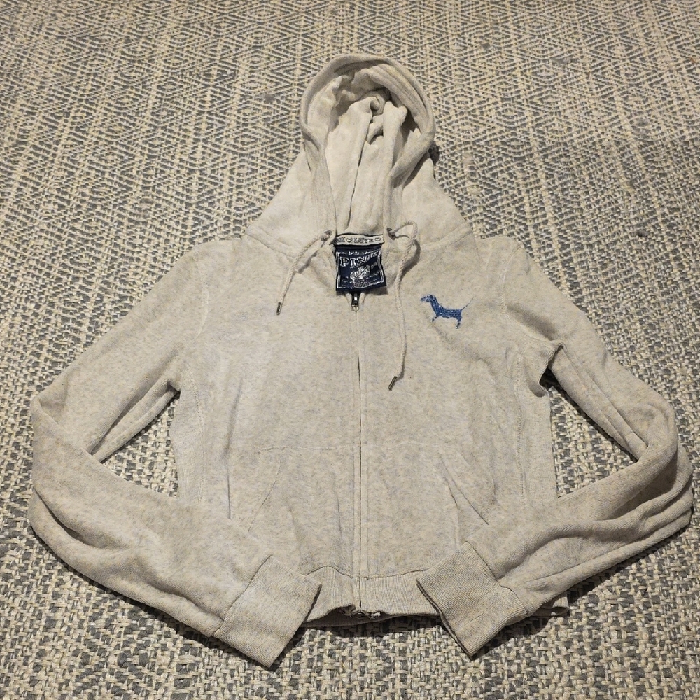 Gray Zip-Up Hoodie with Blue Logo